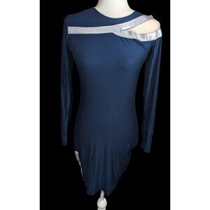 Pitbull Jeans Sporty Blue And Silver Bodycon Dress With Mesh Shoulder Cutout